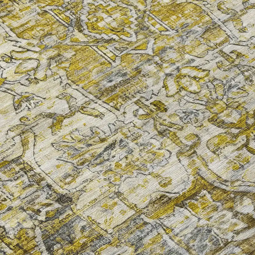 8' Pewter Gray And Gold Round Floral Medallion Washable Indoor Outdoor Area Rug Photo 7