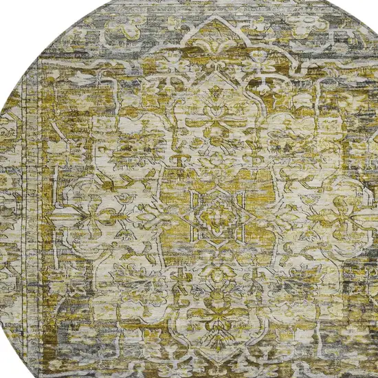 8' Pewter Gray And Gold Round Floral Medallion Washable Indoor Outdoor Area Rug Photo 8