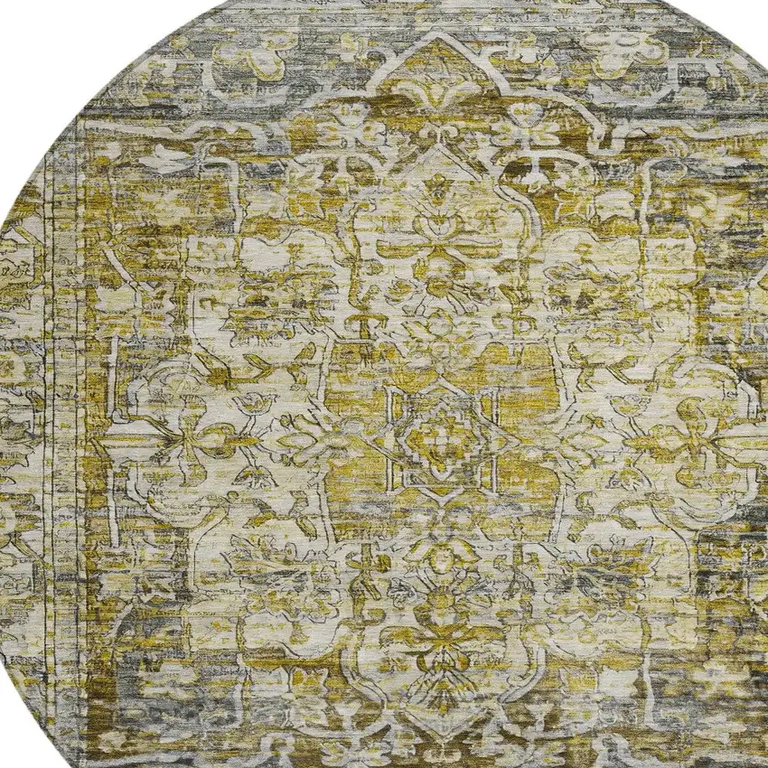 8' Pewter Gray And Gold Round Floral Medallion Washable Indoor Outdoor Area Rug Photo 8