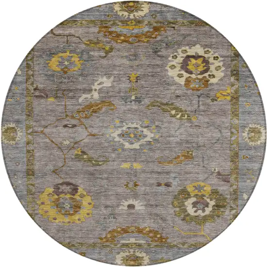 8' Pewter Gray And Gold Round Floral Medallion Washable Indoor Outdoor Area Rug Photo 2