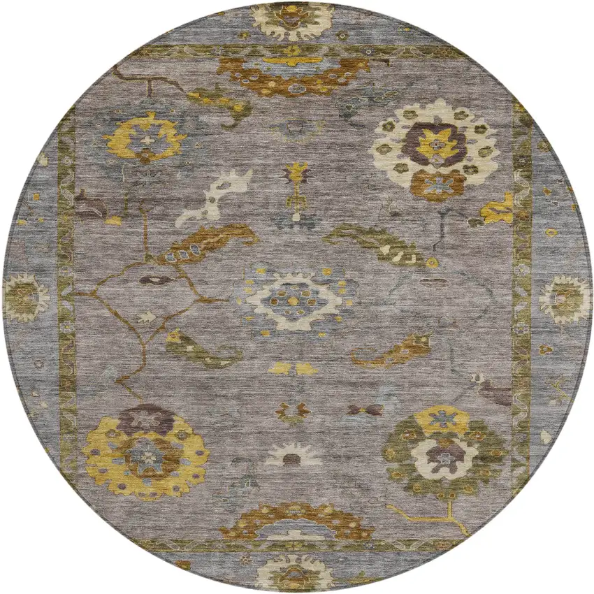 8' Pewter Gray And Gold Round Floral Medallion Washable Indoor Outdoor Area Rug Photo 2