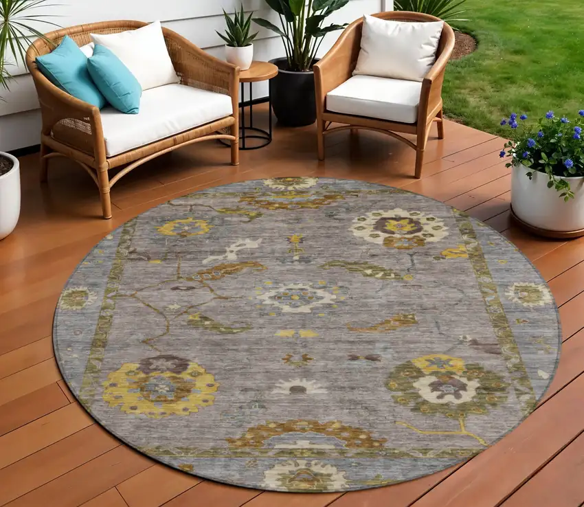 8' Pewter Gray And Gold Round Floral Medallion Washable Indoor Outdoor Area Rug Photo 1