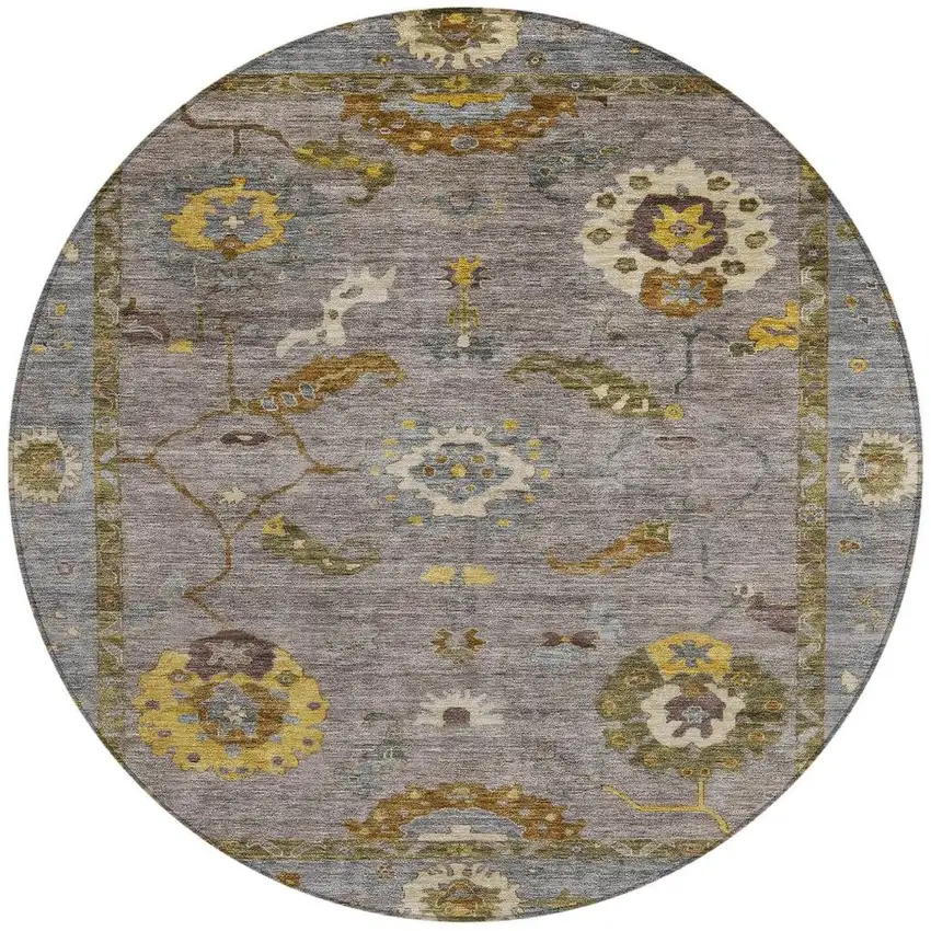 8' Pewter Gray And Gold Round Floral Medallion Washable Indoor Outdoor Area Rug Photo 5