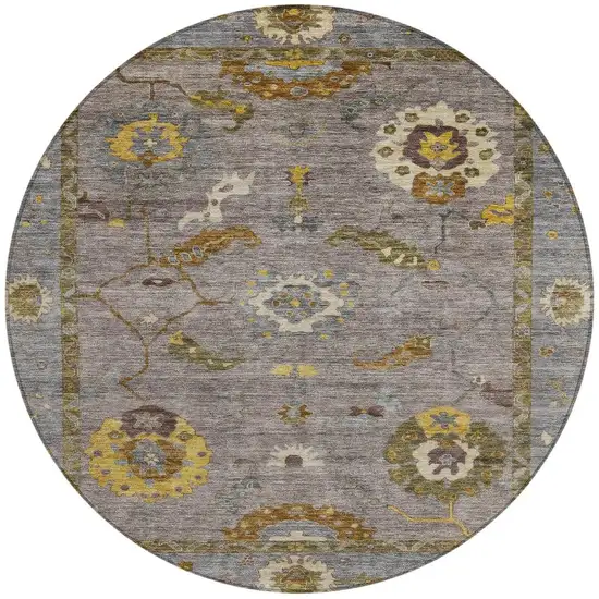 8' Pewter Gray And Gold Round Floral Medallion Washable Indoor Outdoor Area Rug Photo 4