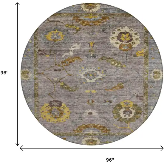 8' Pewter Gray And Gold Round Floral Medallion Washable Indoor Outdoor Area Rug Photo 3