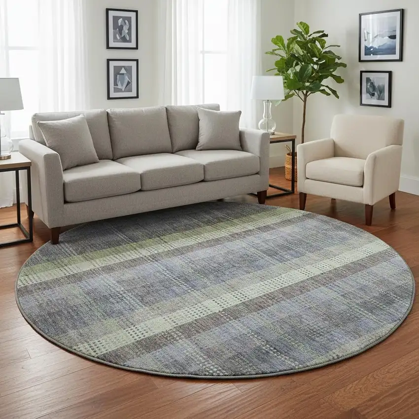 8' Pewter Gray And Green Plaid Washable Round Rug With UV Protection Photo 2