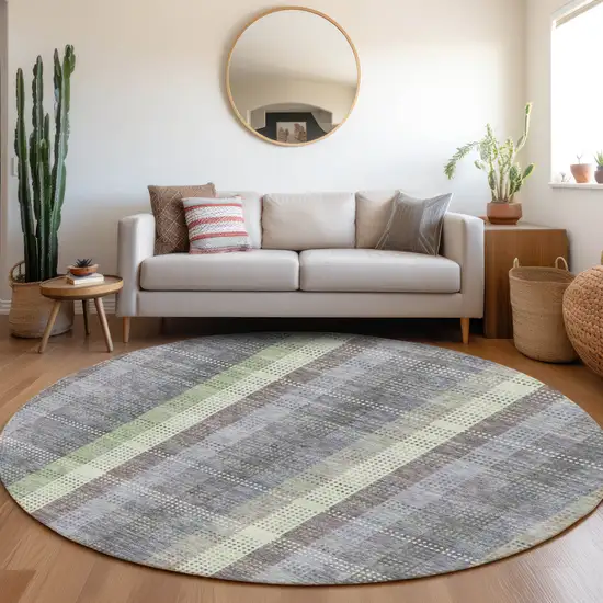 8' Pewter Gray And Green Plaid Washable Round Rug With UV Protection Photo 4