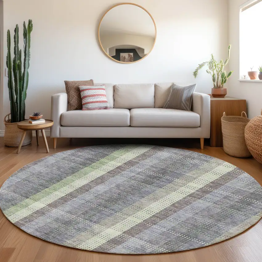 8' Pewter Gray And Green Plaid Washable Round Rug With UV Protection Photo 4