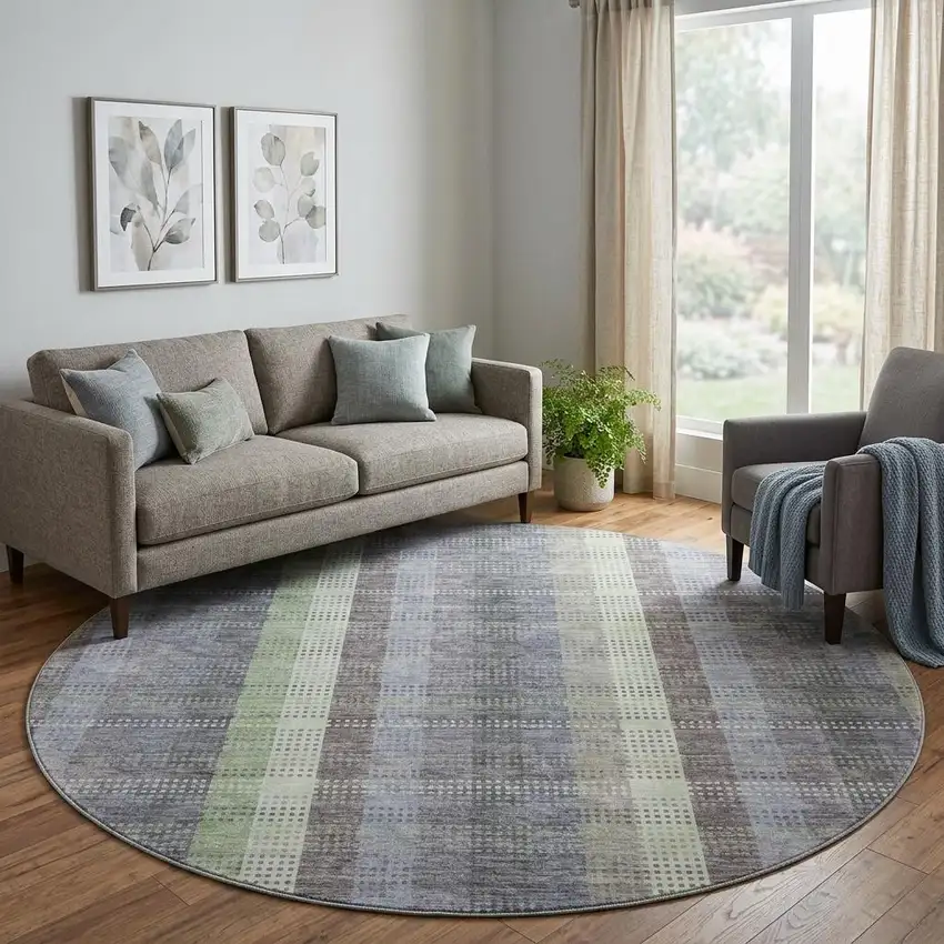 8' Pewter Gray And Green Plaid Washable Round Rug With UV Protection Photo 1