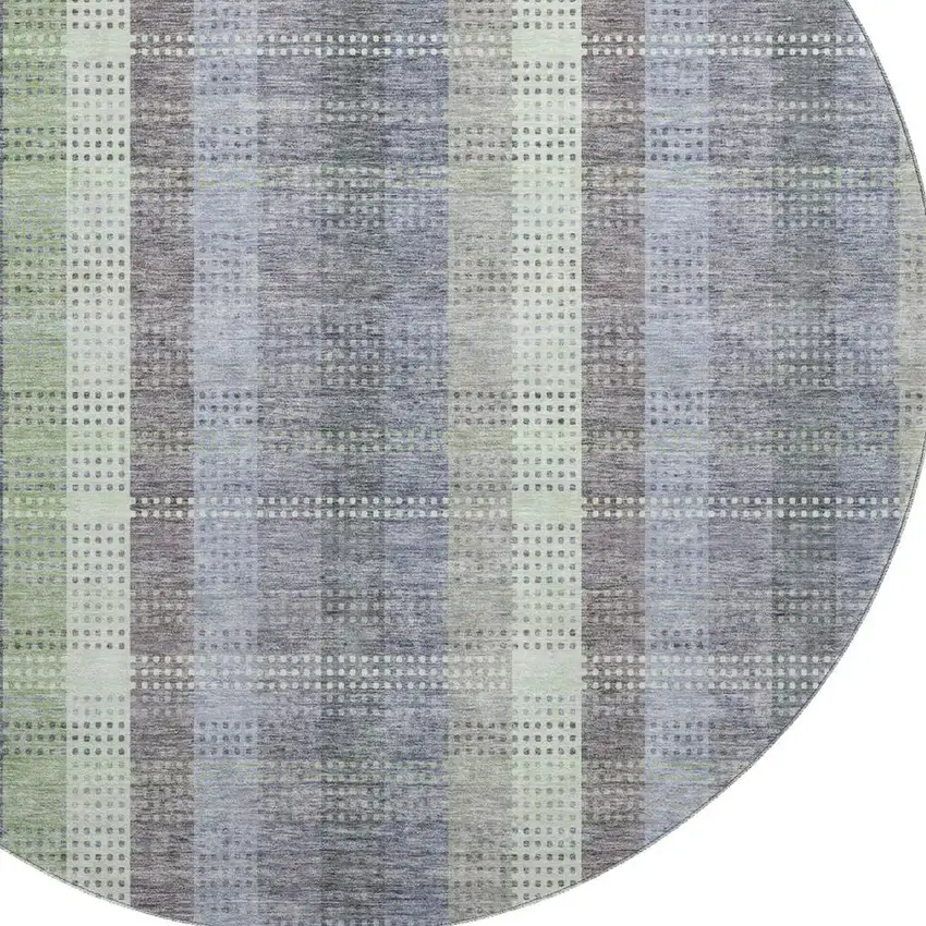 8' Pewter Gray And Green Plaid Washable Round Rug With UV Protection Photo 2