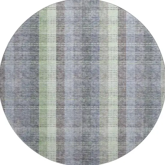 8' Pewter Gray And Green Plaid Washable Round Rug With UV Protection Photo 3
