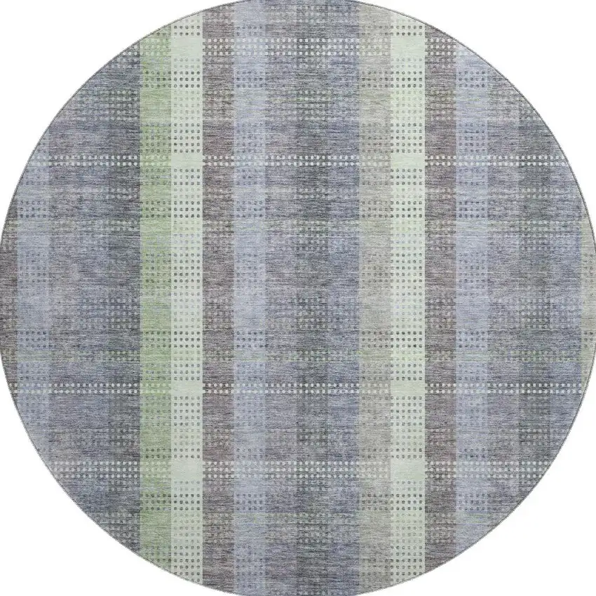 8' Pewter Gray And Green Plaid Washable Round Rug With UV Protection Photo 3