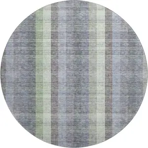 Photo of 8' Pewter Gray And Green Plaid Washable Round Rug With UV Protection