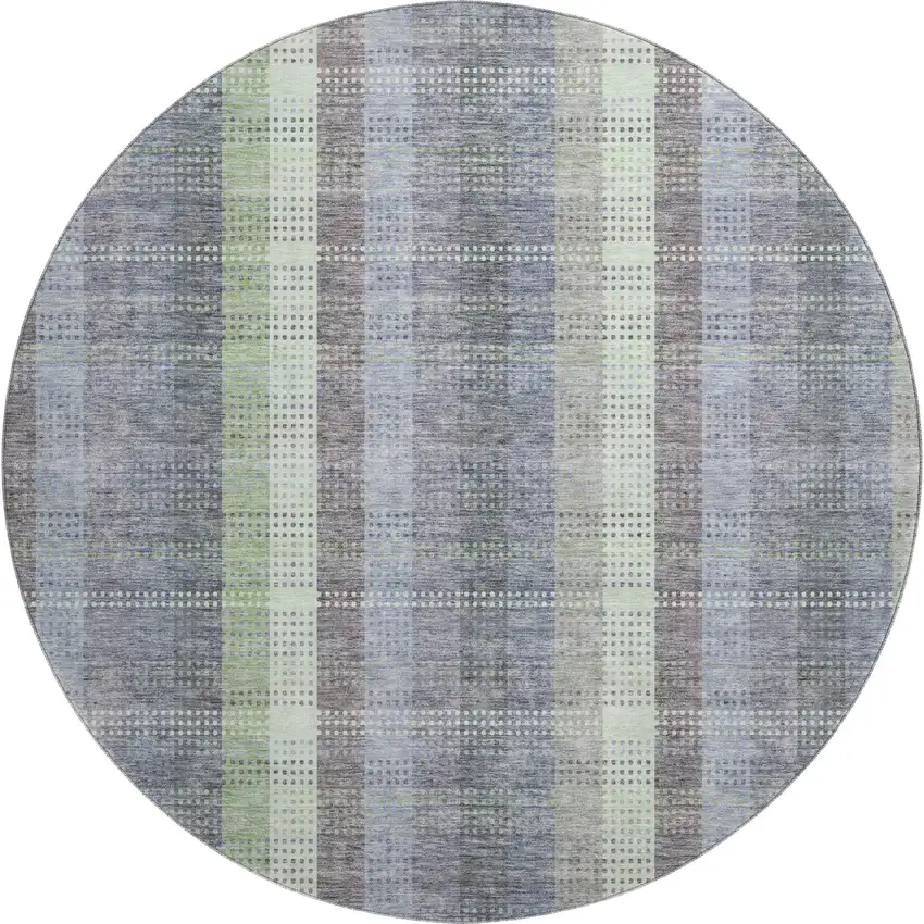 8' Pewter Gray And Green Plaid Washable Round Rug With UV Protection Photo 1