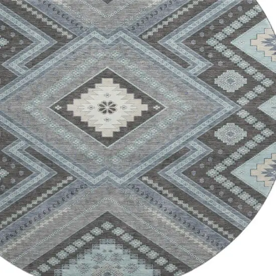 8' Pewter Gray And Ivory Tribal Washable Round Rug With UV Protection Photo 2