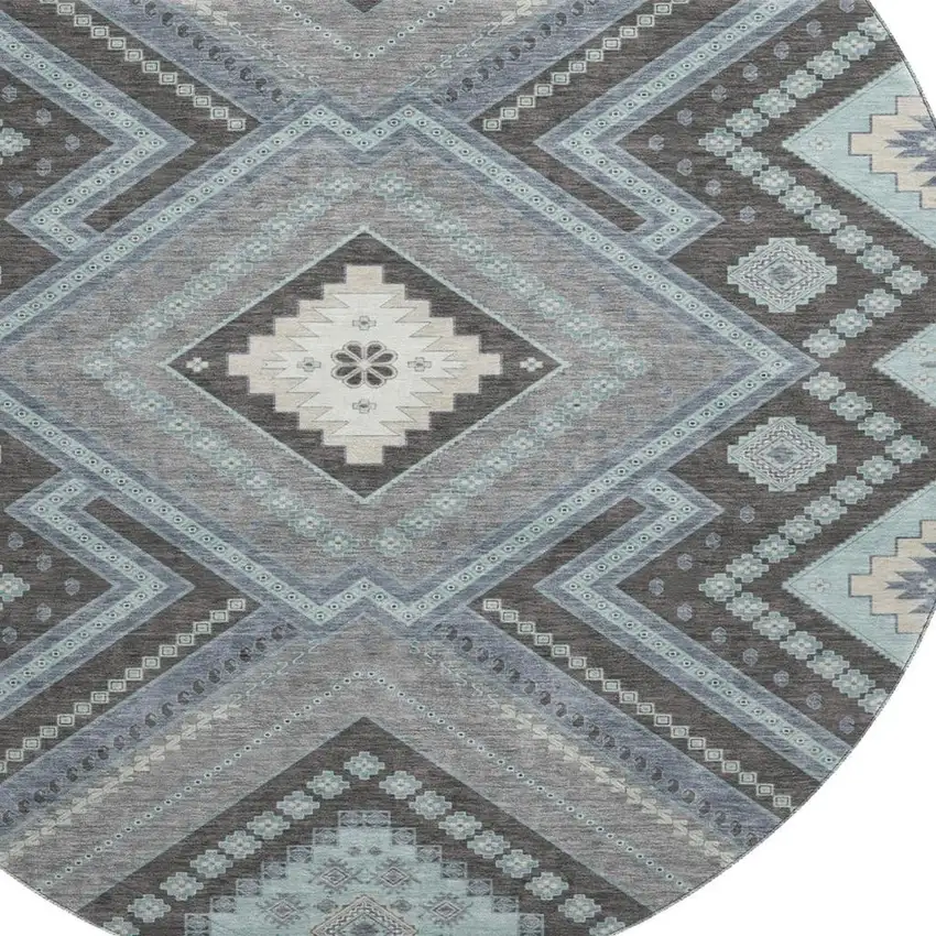 8' Pewter Gray And Ivory Tribal Washable Round Rug With UV Protection Photo 2