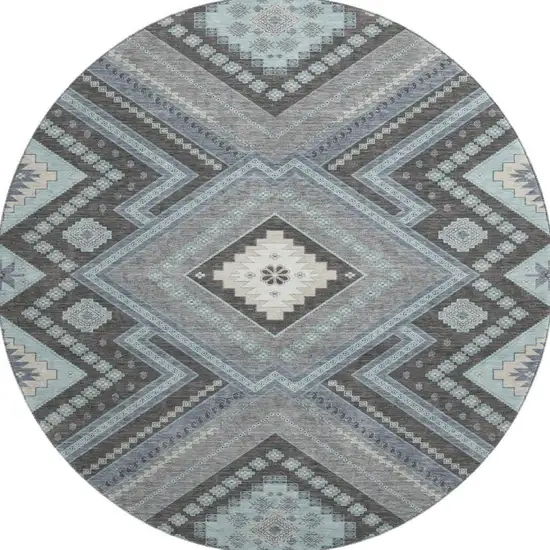 8' Pewter Gray And Ivory Tribal Washable Round Rug With UV Protection Photo 3