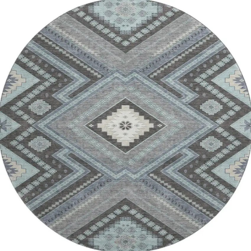 8' Pewter Gray And Ivory Tribal Washable Round Rug With UV Protection Photo 3