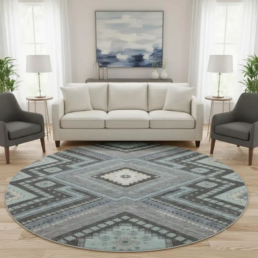 8' Pewter Gray And Ivory Tribal Washable Round Rug With UV Protection Photo 2