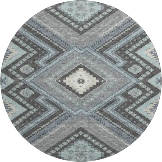 8' Pewter Gray And Ivory Tribal Washable Round Rug With UV Protection Photo 1