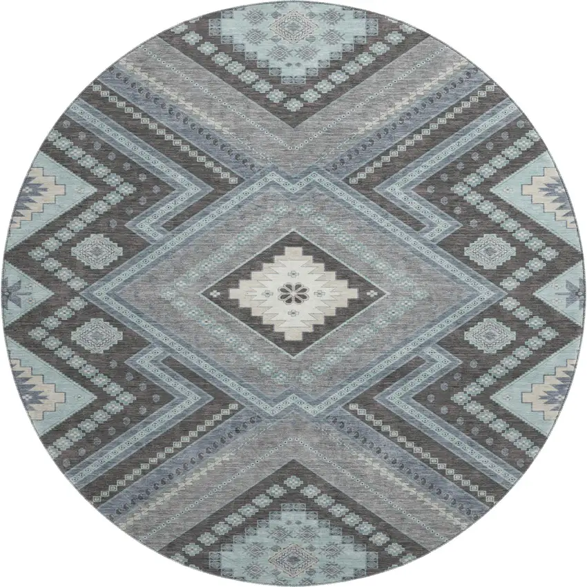8' Pewter Gray And Ivory Tribal Washable Round Rug With UV Protection Photo 1