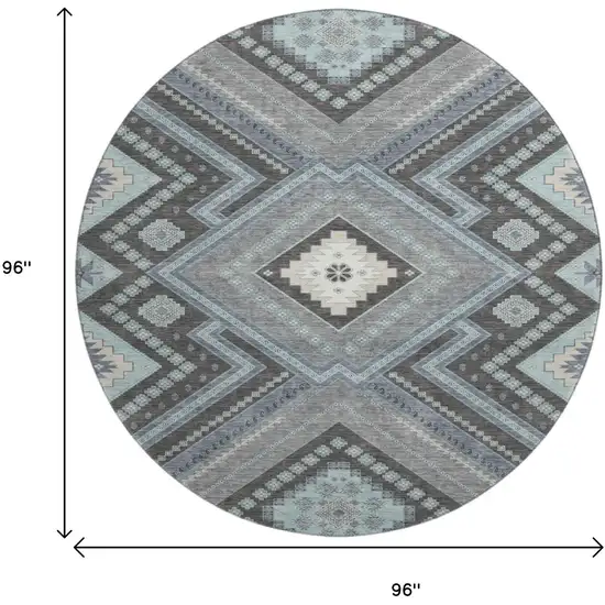 8' Pewter Gray And Ivory Tribal Washable Round Rug With UV Protection Photo 9