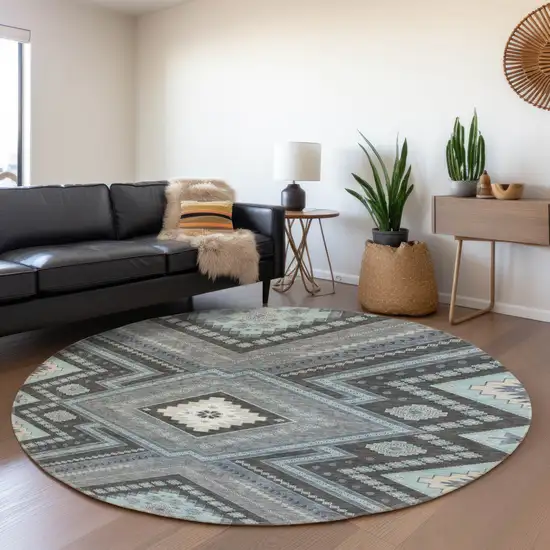 8' Pewter Gray And Ivory Tribal Washable Round Rug With UV Protection Photo 4