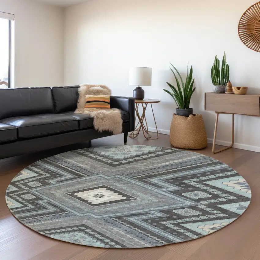 8' Pewter Gray And Ivory Tribal Washable Round Rug With UV Protection Photo 4