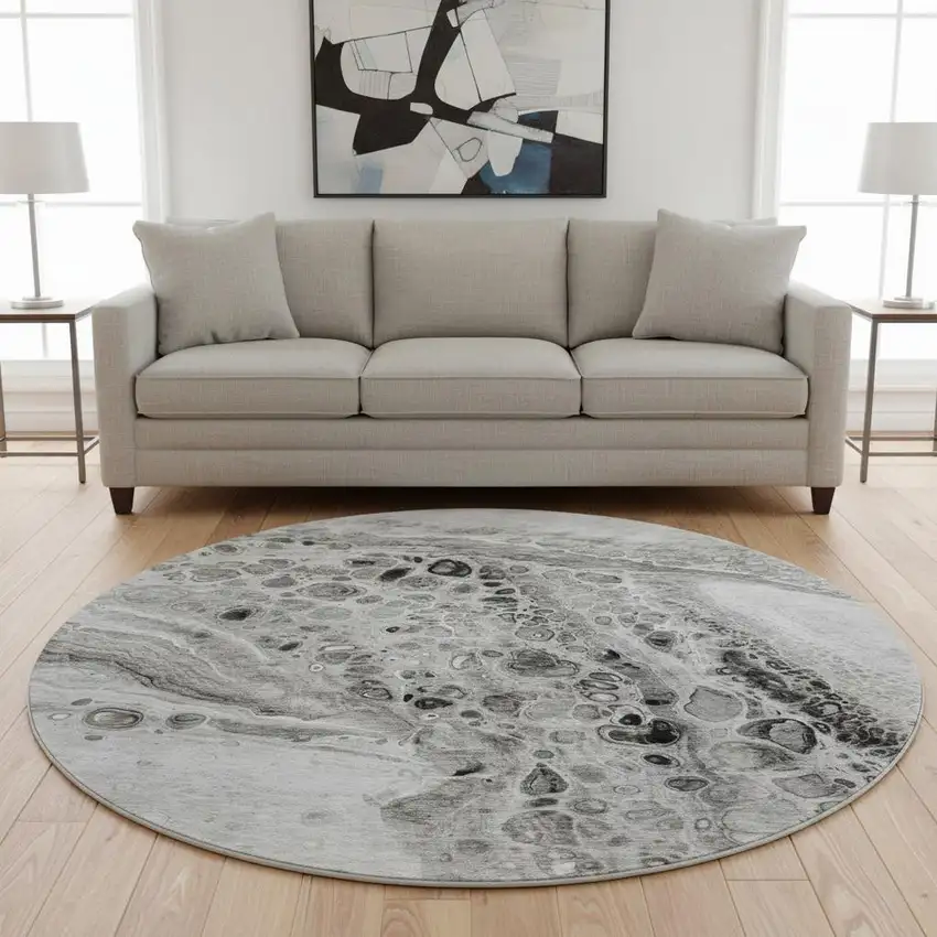 8' Pewter Gray And Silver Abstract Washable Round Rug With UV Protection Photo 2