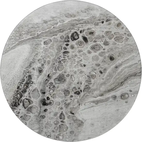 8' Pewter Gray And Silver Abstract Washable Round Rug With UV Protection Photo 4