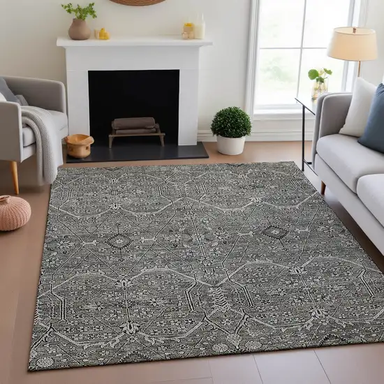 8' Pewter Gray And Silver Floral Washable Area Rug With UV Protection Photo 4