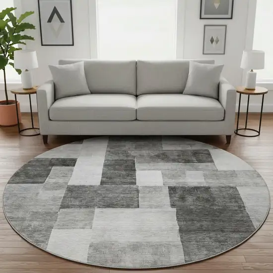 8' Pewter Gray And Silver Geometric Washable Round Rug With UV Protection Photo 2