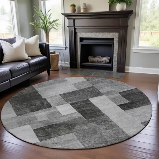 8' Pewter Gray And Silver Geometric Washable Round Rug With UV Protection Photo 4