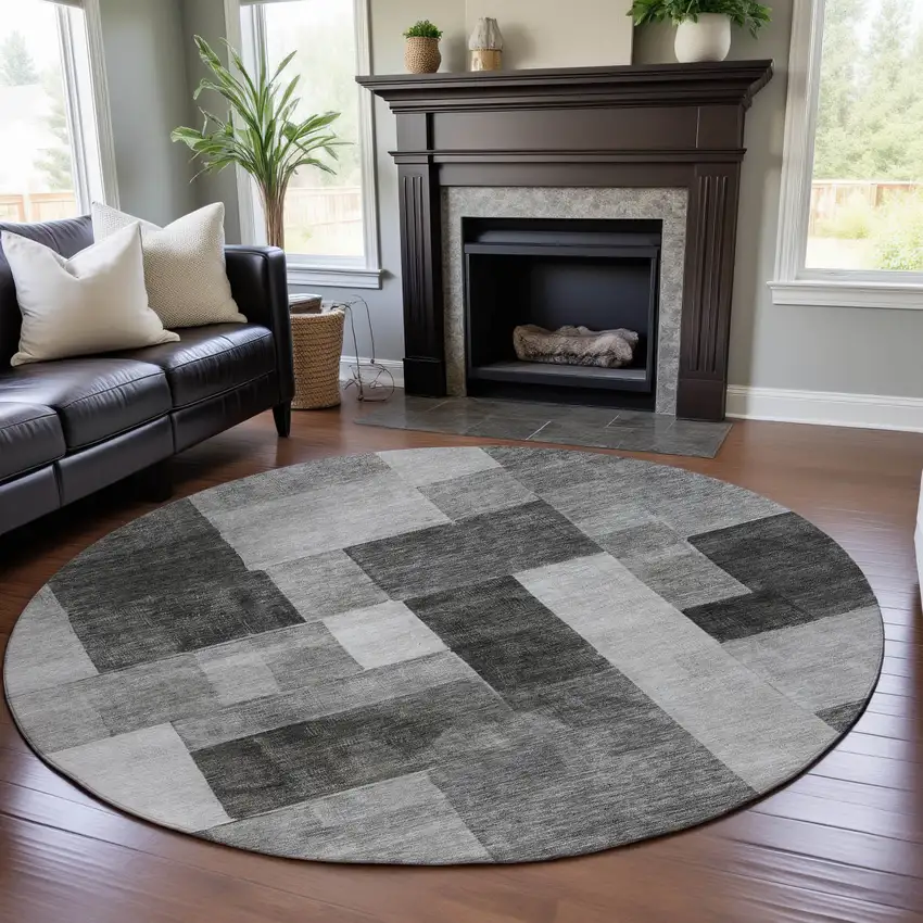 8' Pewter Gray And Silver Geometric Washable Round Rug With UV Protection Photo 4