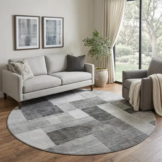 8' Pewter Gray And Silver Geometric Washable Round Rug With UV Protection Photo 1