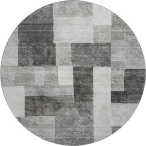 Photo of 8' Pewter Gray And Silver Geometric Washable Round Rug With UV Protection