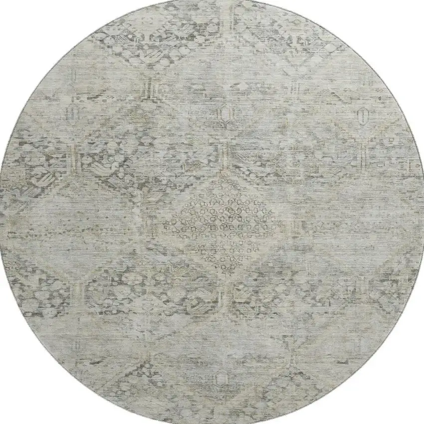 8' Pewter Gray And Silver Geometric Washable Round Rug With UV Protection Photo 3
