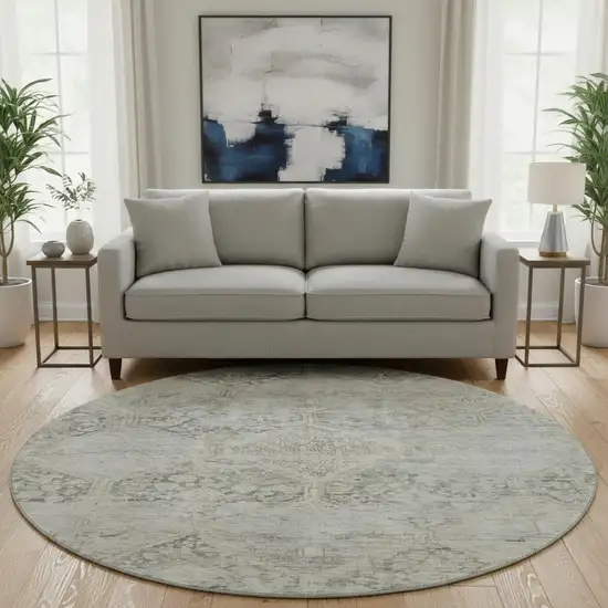 8' Pewter Gray And Silver Geometric Washable Round Rug With UV Protection Photo 2