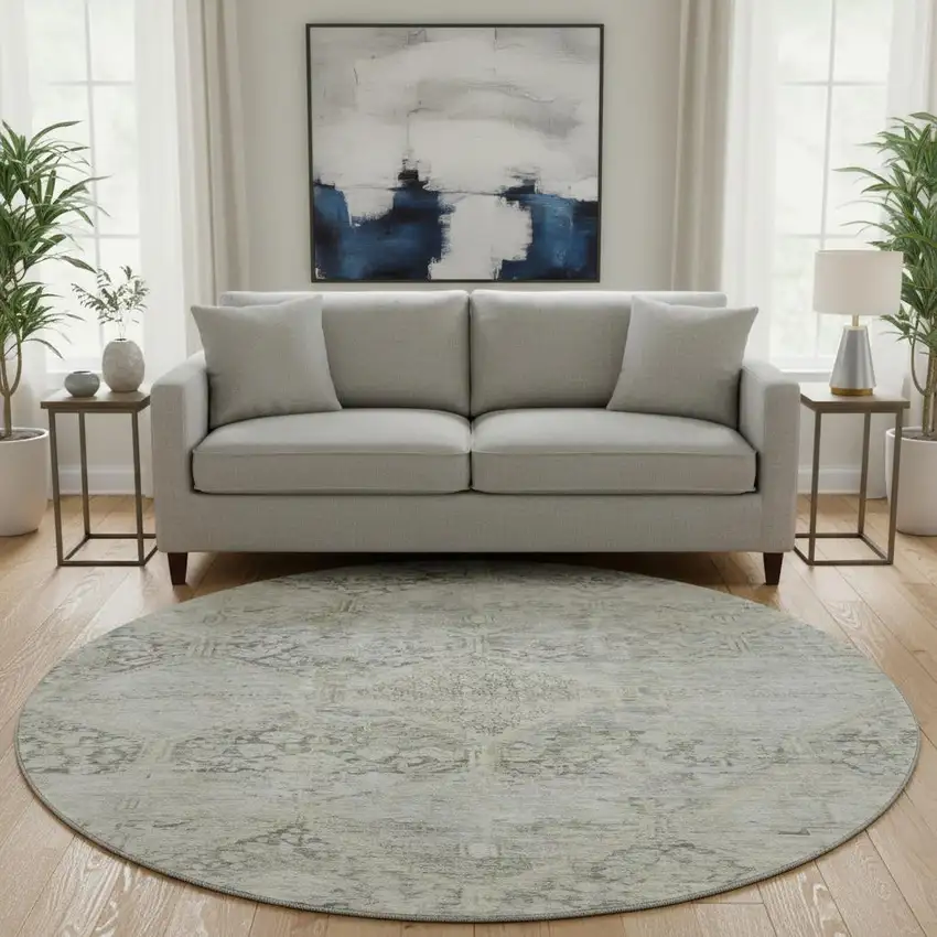 8' Pewter Gray And Silver Geometric Washable Round Rug With UV Protection Photo 2