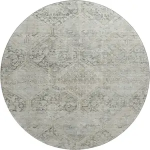 Photo of 8' Pewter Gray And Silver Geometric Washable Round Rug With UV Protection