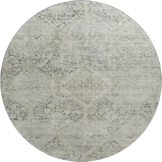 8' Pewter Gray And Silver Geometric Washable Round Rug With UV Protection Photo 1
