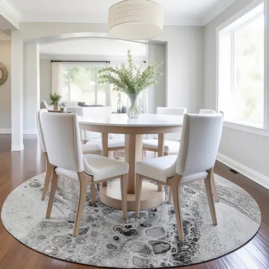 8' Pewter Gray And Silver Round Abstract Washable Indoor Outdoor Area Rug Photo 6