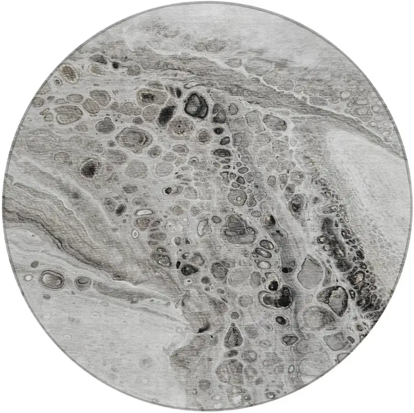 8' Pewter Gray And Silver Round Abstract Washable Indoor Outdoor Area Rug Photo 1