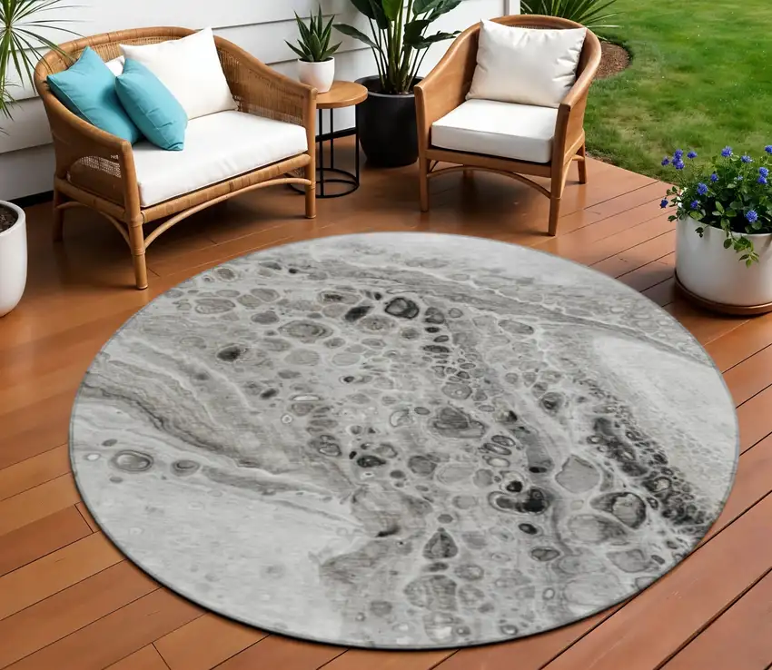 8' Pewter Gray And Silver Round Abstract Washable Indoor Outdoor Area Rug Photo 2