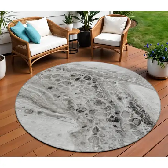 8' Pewter Gray And Silver Round Abstract Washable Indoor Outdoor Area Rug Photo 2