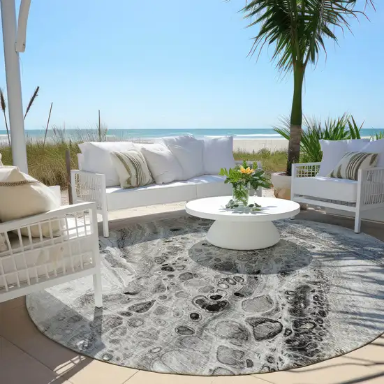 8' Pewter Gray And Silver Round Abstract Washable Indoor Outdoor Area Rug Photo 5