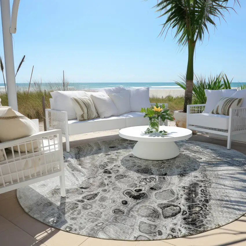 8' Pewter Gray And Silver Round Abstract Washable Indoor Outdoor Area Rug Photo 5