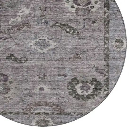 8' Pewter Gray And Silver Round Floral Medallion Washable Indoor Outdoor Area Rug Photo 6