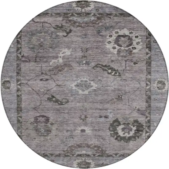 8' Pewter Gray And Silver Round Floral Medallion Washable Indoor Outdoor Area Rug Photo 2