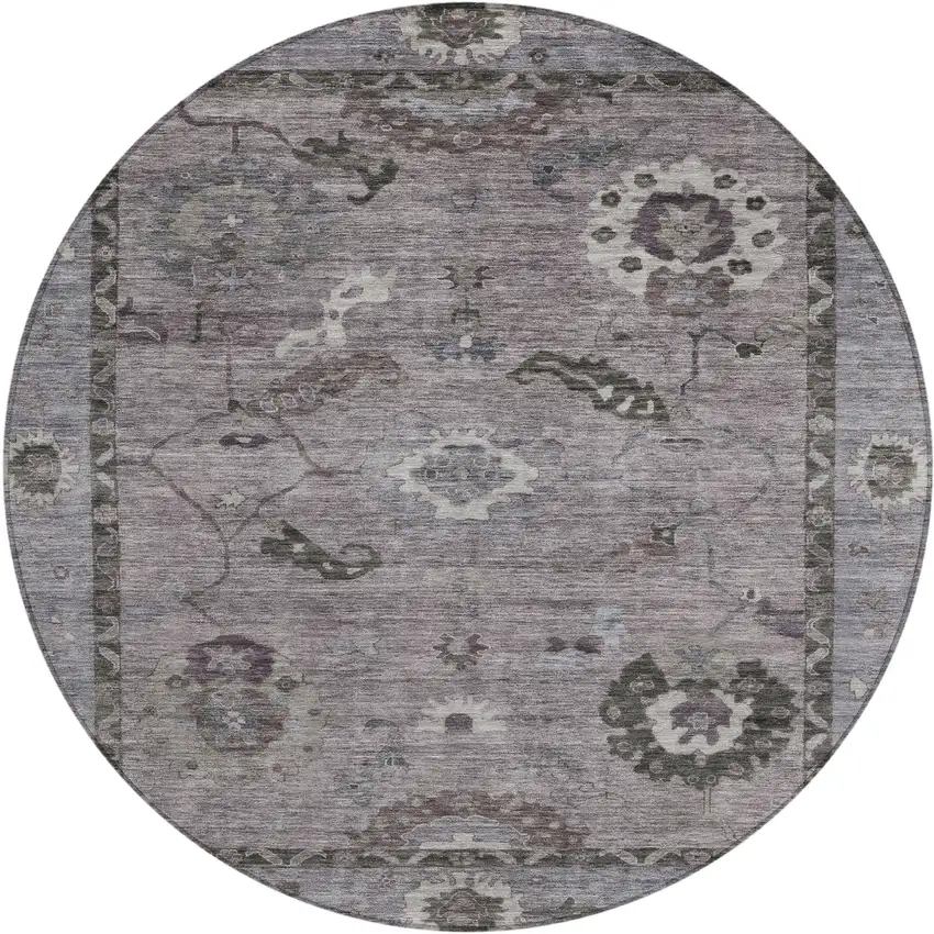 8' Pewter Gray And Silver Round Floral Medallion Washable Indoor Outdoor Area Rug Photo 2
